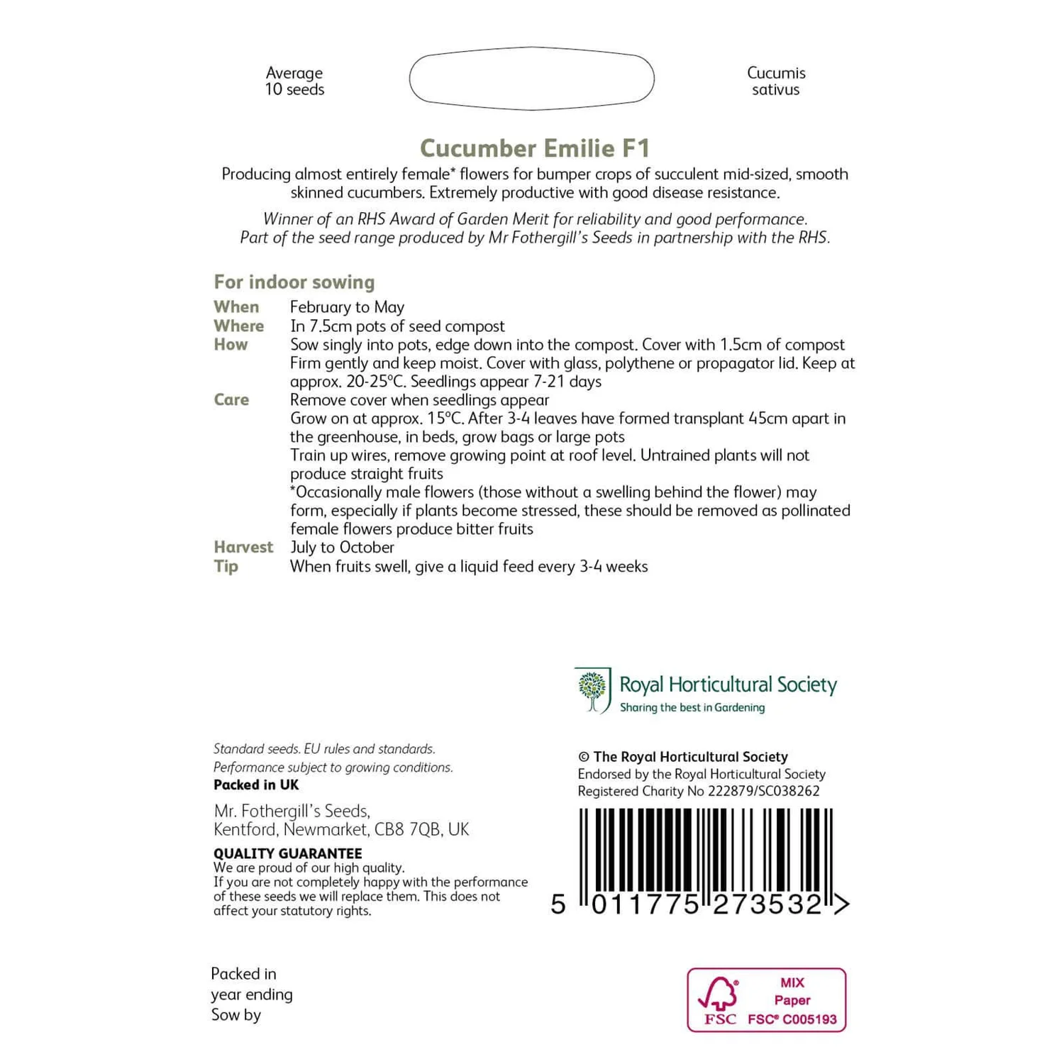 RHS Cucumber Emilie F1 Seeds 2 RHS Cucumber Emilie F1 Seeds - Image 2