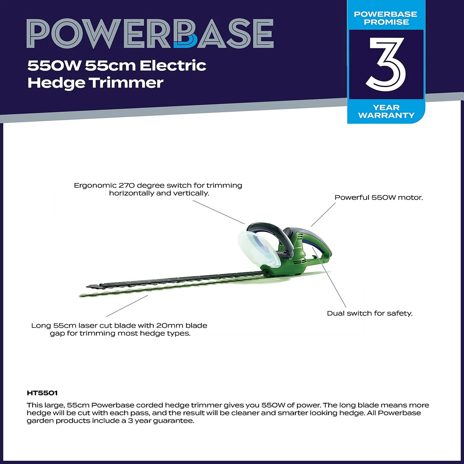 Powerbase 550W Electric Hedge Trimmer - 55cm 2 Powerbase 550W Electric Hedge Trimmer - 55cm - Image 2