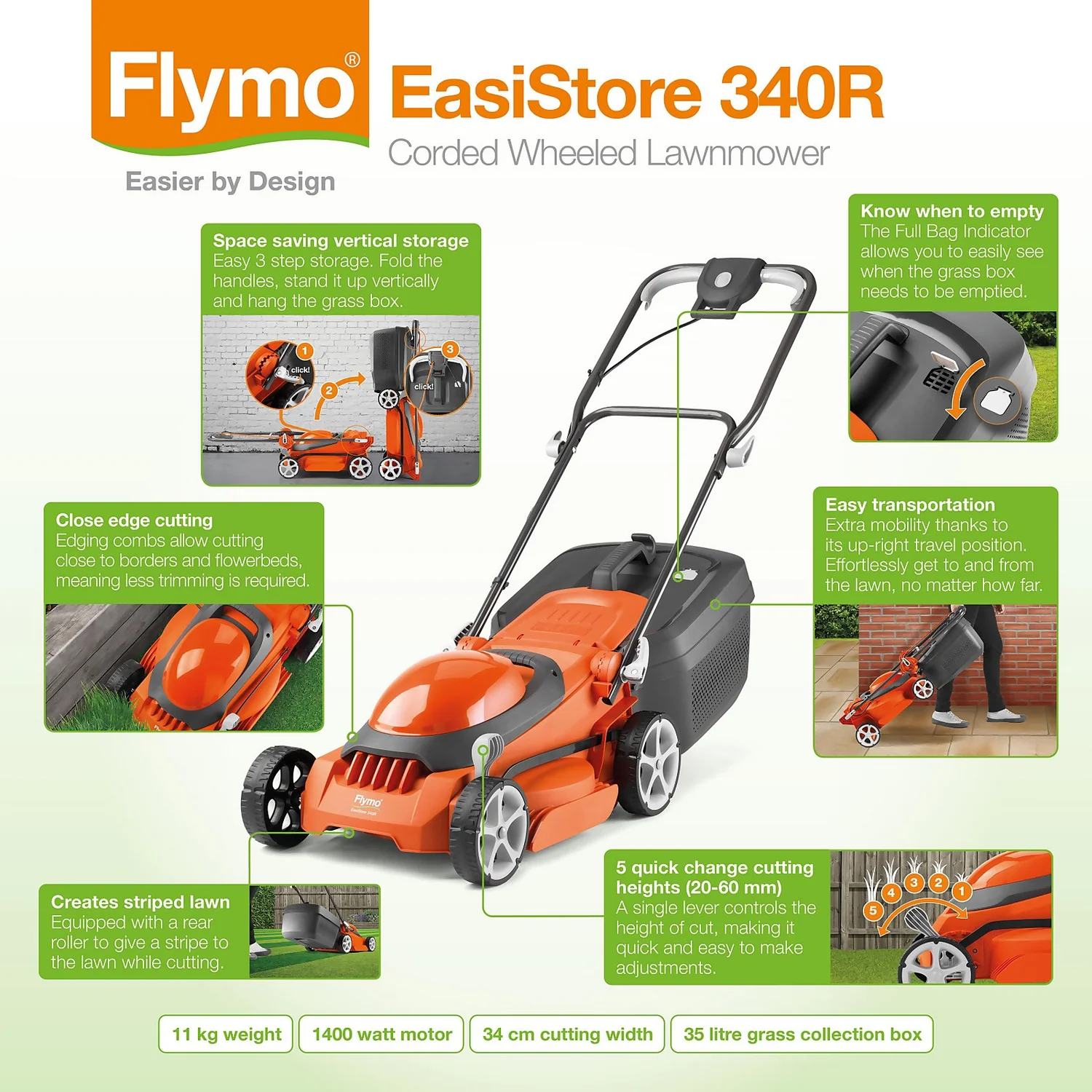 Flymo 1400W EasiStore 340R Electric Lawn Mower - 34cm 9 Flymo 1400W EasiStore 340R Electric Lawn Mower - 34cm - Image 9