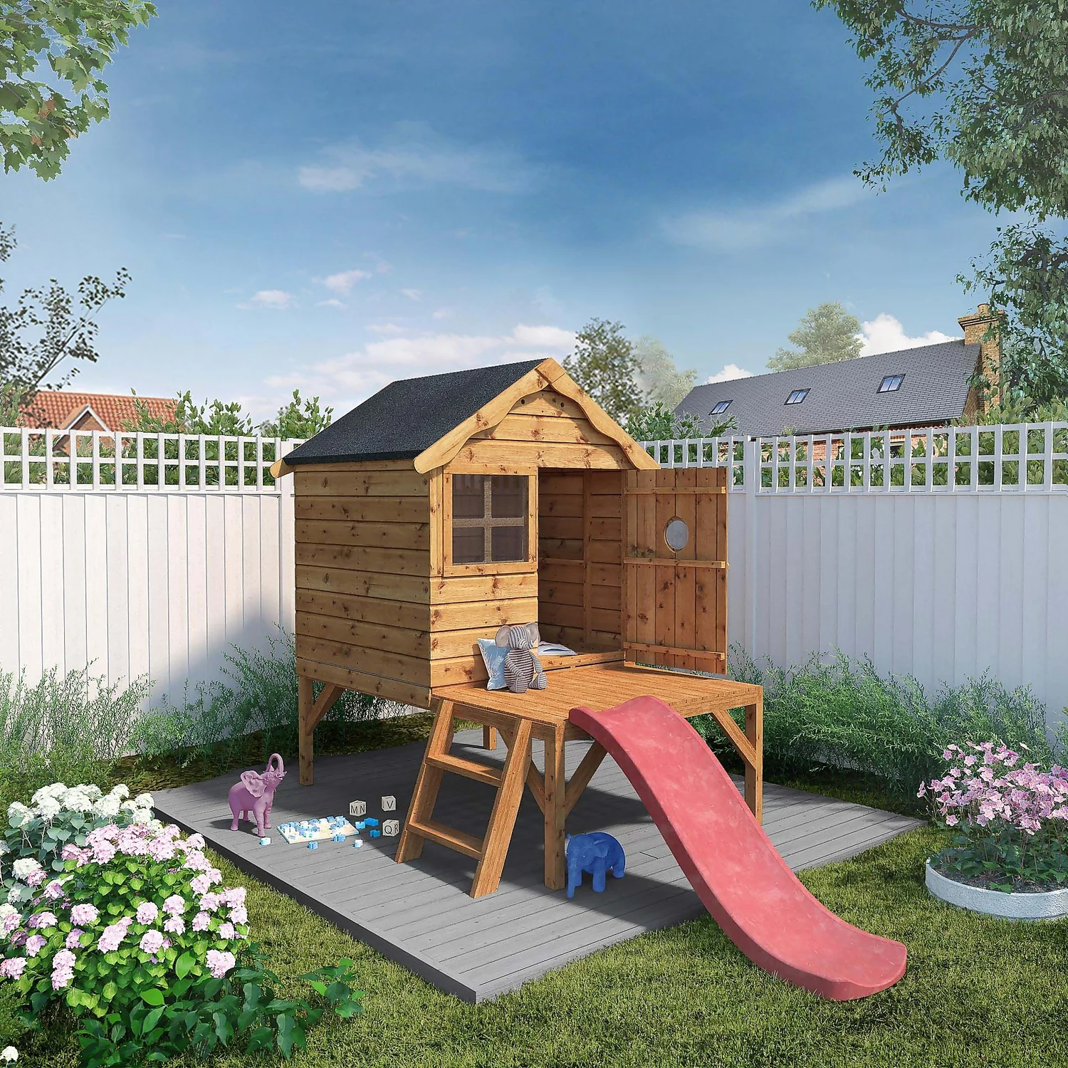 Mercia 7 X 9'4ft Snug Wooden Playhouse Tower And Slide 2 Mercia 7 X 9'4ft Snug Wooden Playhouse Tower And Slide - Image 2