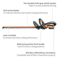 Worx WG260E.5 20V 2.0Ah Cordless Hedge Trimmer - 61cm 10 Worx WG260E.5 20V 2.0Ah Cordless Hedge Trimmer - 61cm -Garden Tool Store 13326412 9914900646513268
