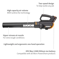 Worx WG547E Turbine 20V 2.0Ah Cordless Garden Blower -Garden Tool Store 13326414 7854900642900455