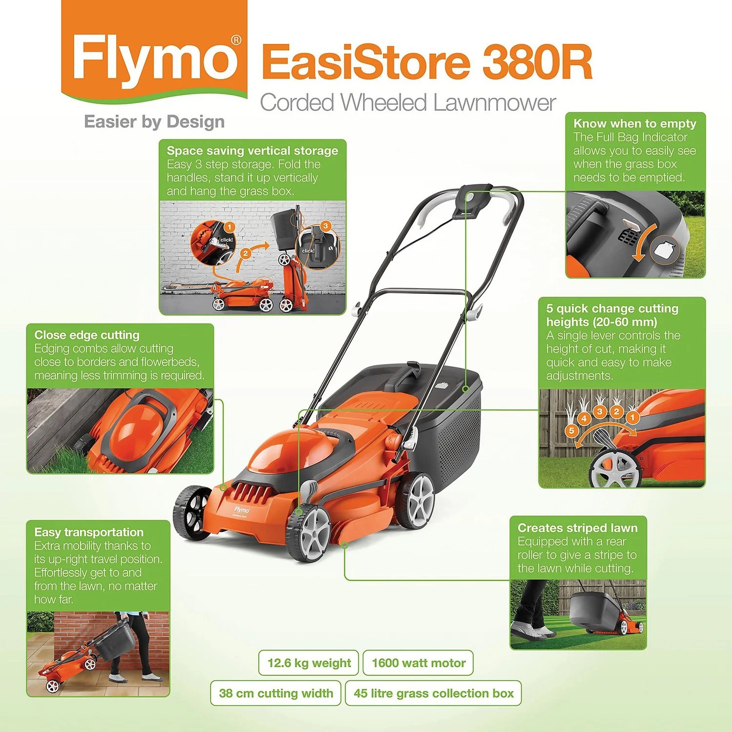 Flymo 1600W EasiStore 380R Electric Lawn Mower - 38cm 3 Flymo 1600W EasiStore 380R Electric Lawn Mower - 38cm - Image 3